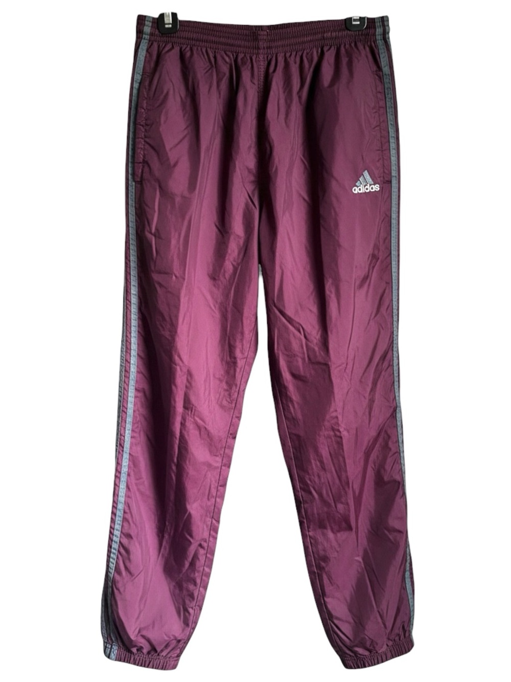 Vintage Adidas Size L Nylon Track Pants Burgundy Gray Stripes Windbreaker Y2K